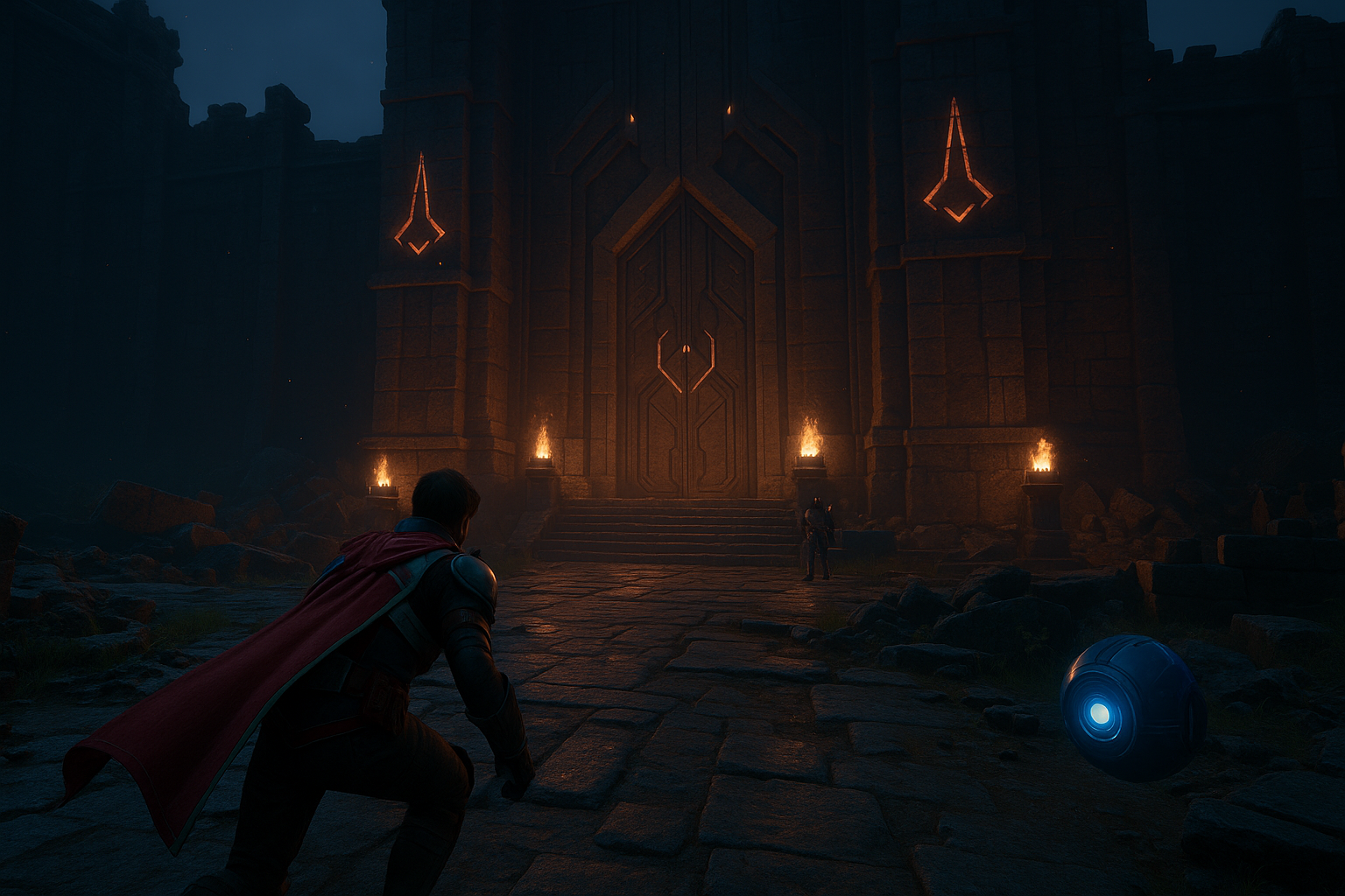 Act III concept art of the protagonist approaching a fortress with Z.T.A.K.