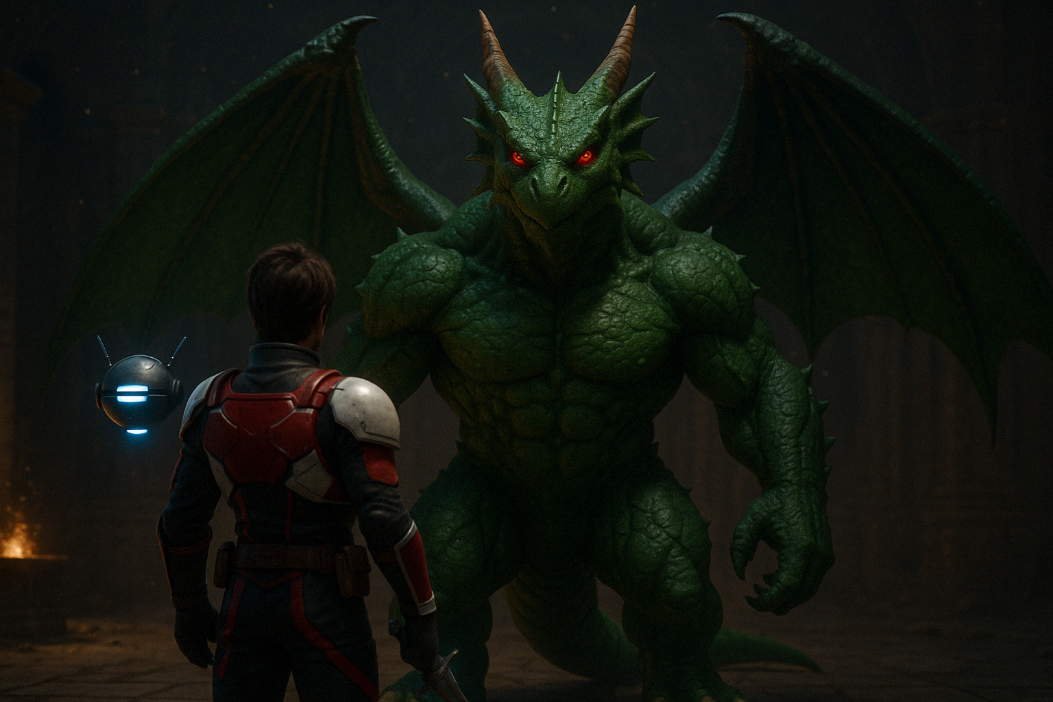 The protagonist confronting a dragon-like enemy with Z.T.A.K. nearby