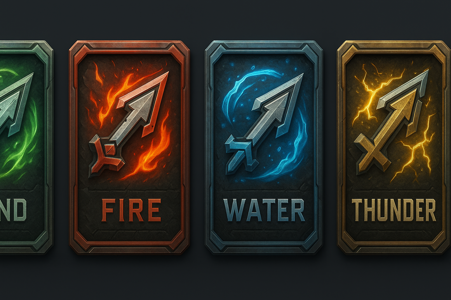 Elemental Crash card set showing Wind, Fire, Water, and Thunder