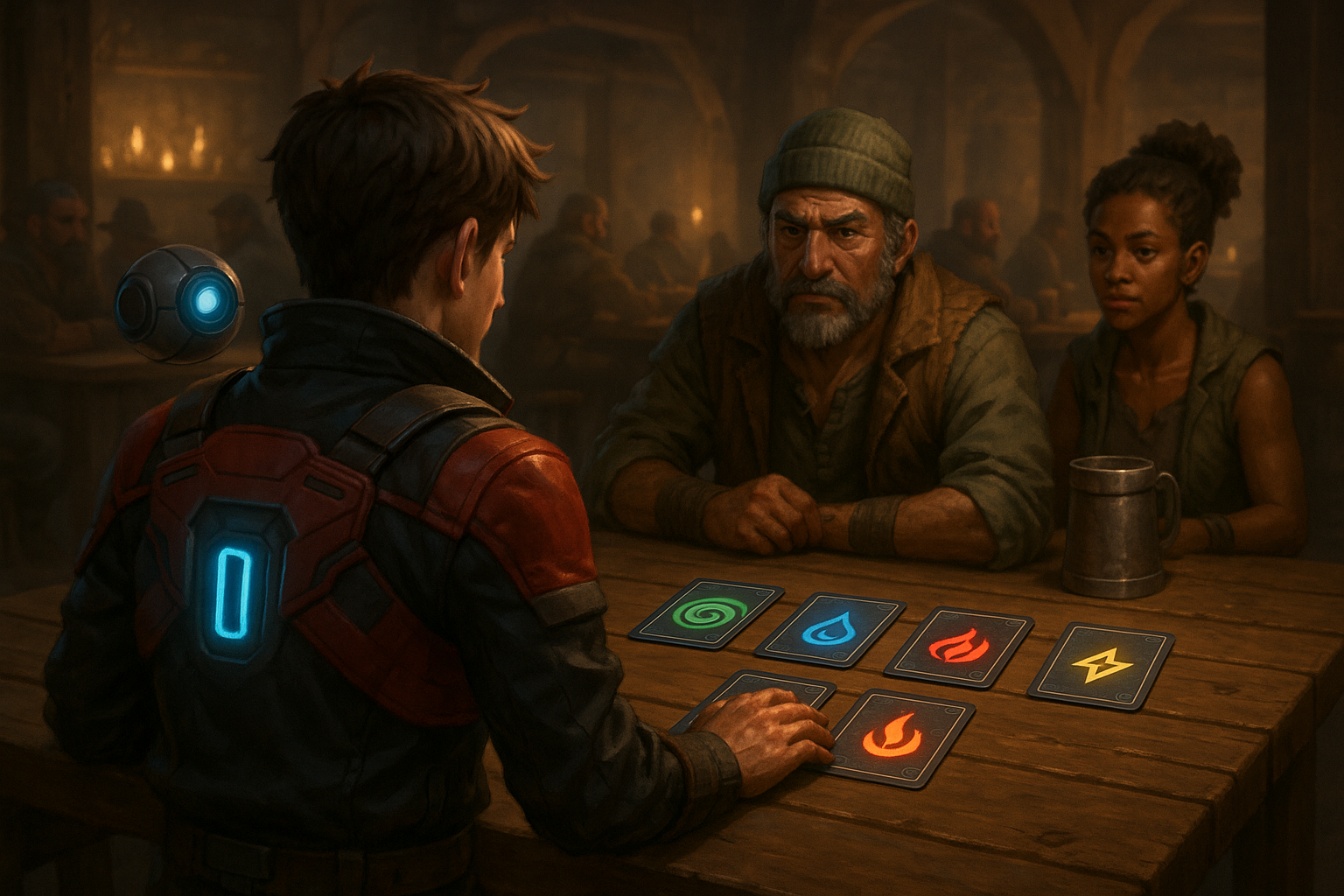 The protagonist playing Elemental Crash at a tavern table