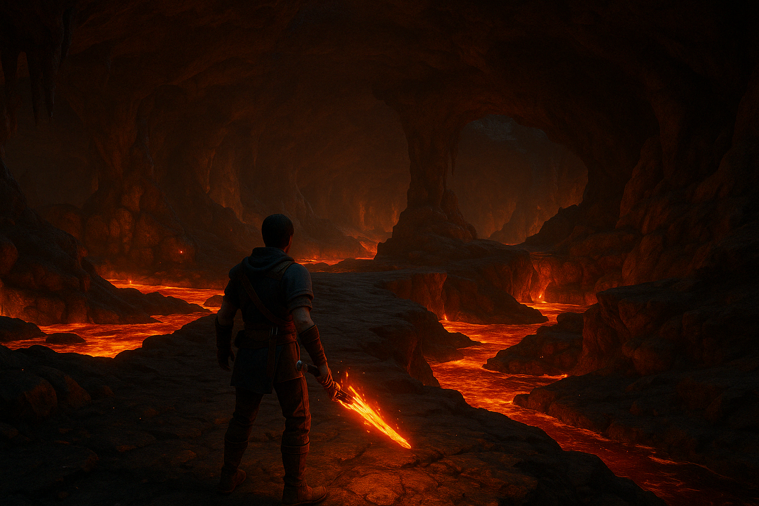 The protagonist standing in lava-filled tunnels beneath Oak Village with a flaming sword