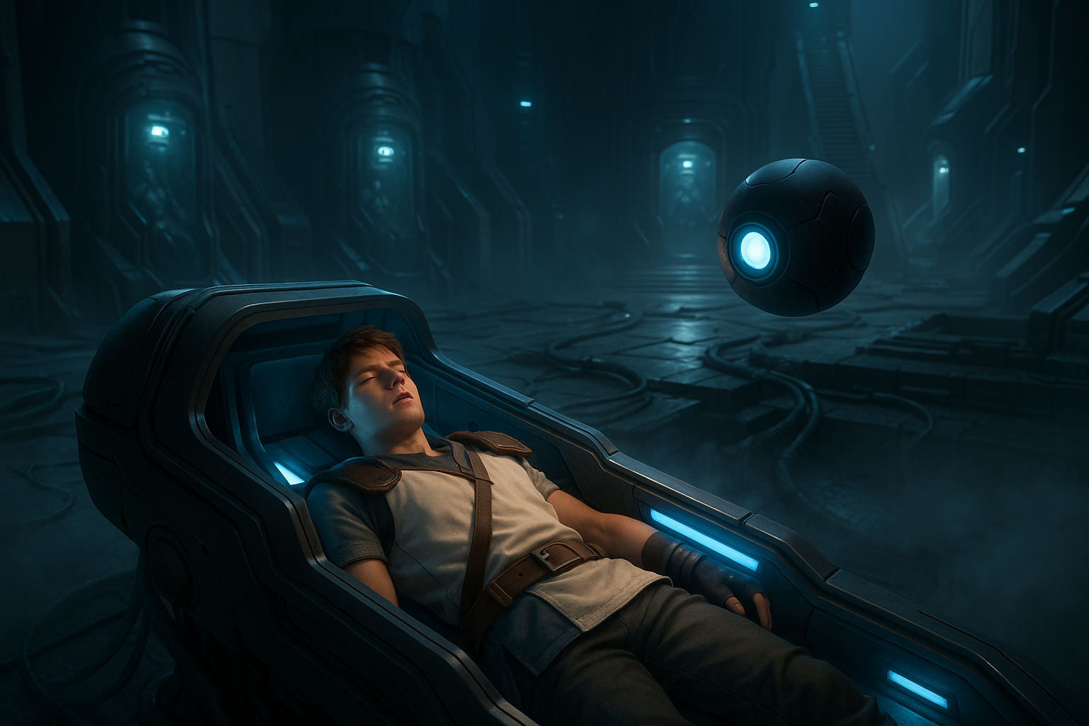 The protagonist awakening from cryogenic sleep with Z.T.A.K. nearby