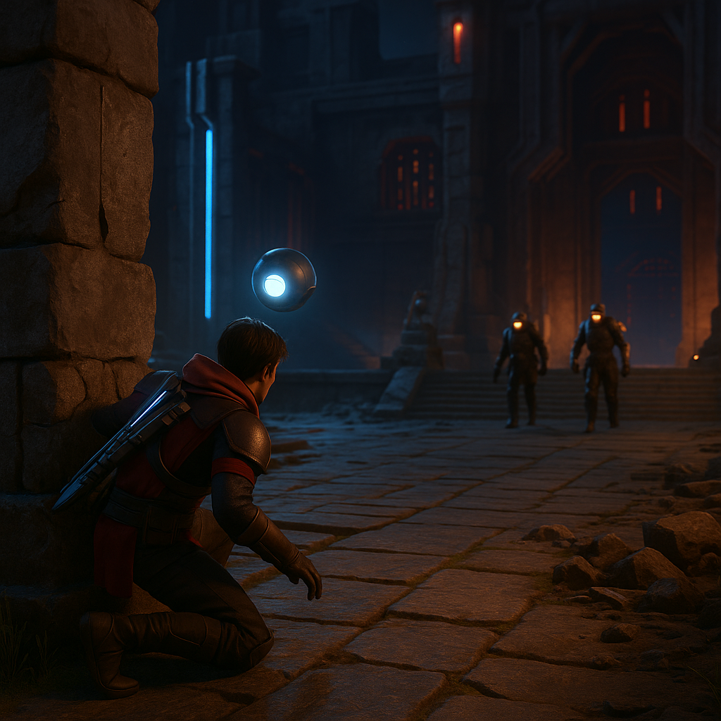 The protagonist confronting the DYNA core in a futuristic chamber